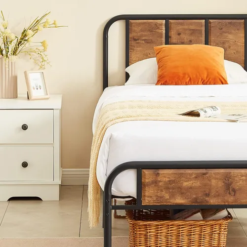 Vista 6 de VECELO Base de cama individual con plataforma de metal resistente con cabecera de madera, base de colchón, 12 listones de acero fuerte, soporte