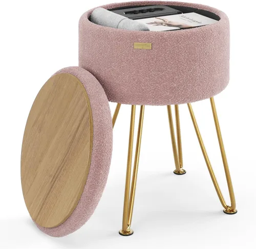 Vista 28 de STORAGEBUD Otomana redonda con almacenamiento, otomana de almacenamiento de bouclé, taburetes otomanos, taburete de tocador de maquillaje, pequeños