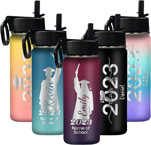 Botellas de agua de graduación personalizadas para amigos, botella de agua aislada deportiva con nombre personalizado con pajilla, botella de agua