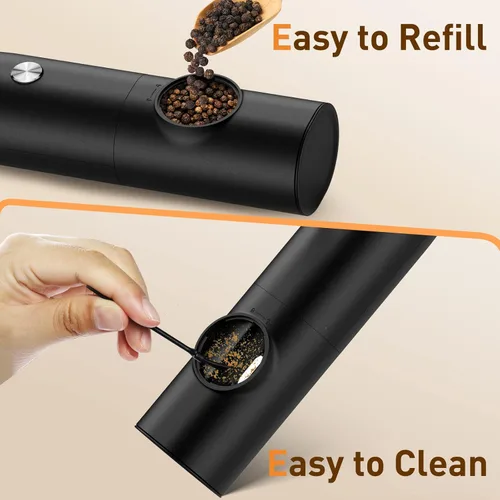 Vista 6 de Juego de molinillo eléctrico de sal y pimienta, molinillo de pimienta automático recargable con luz LED, agitador de grosor ajustable, operación