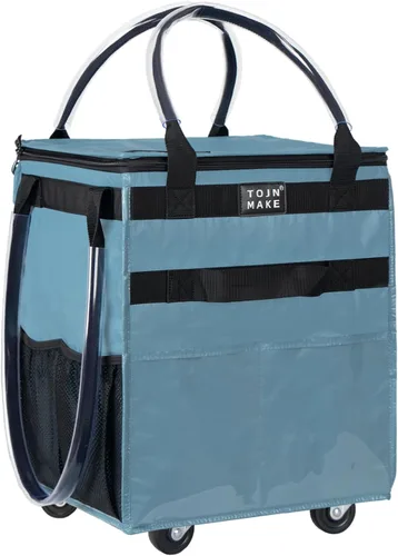 Vista 20 de Bolsa de comestibles reutilizable sobre ruedas, carrito de compras con 8 bolsillos y cubierta con cremallera, bolsa plegable con ruedas, asas
