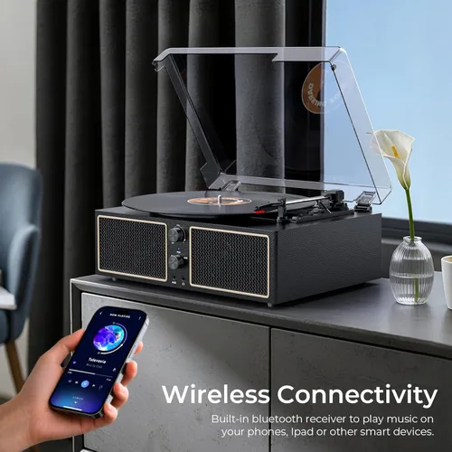 Vista 2 de Tocadiscos de vinilo Bluetooth, reproductor LP de 3 velocidades con altavoces, reproductor de discos retro para discos de vinilo, salida RCA AUX