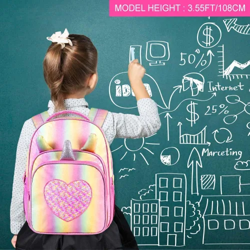 Vista 7 de AGSDON 4 mochilas infantiles para niñas, 14.5 pulgadas de unicornio con lentejuelas y lonchera