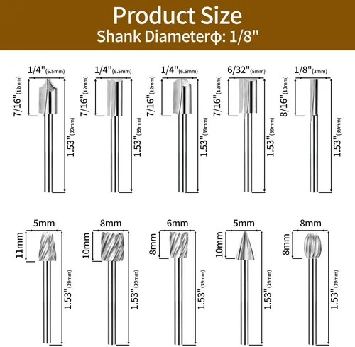 Vista 6 de Brocas de tallado de madera para herramientas rotativas Dremel con vástago de 1/8 pulgadas, 20 piezas HSS diferentes rebabas para satisfacer tus