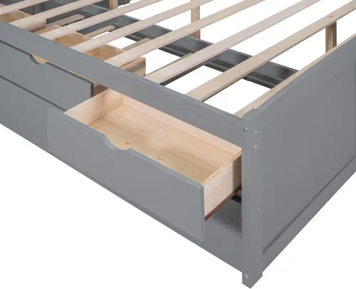 Vista 159 de Quarte Elegante cama de plataforma con estanterías en forma de L, cama de plataforma de madera tamaño individual con 2 cajones de almacenamiento