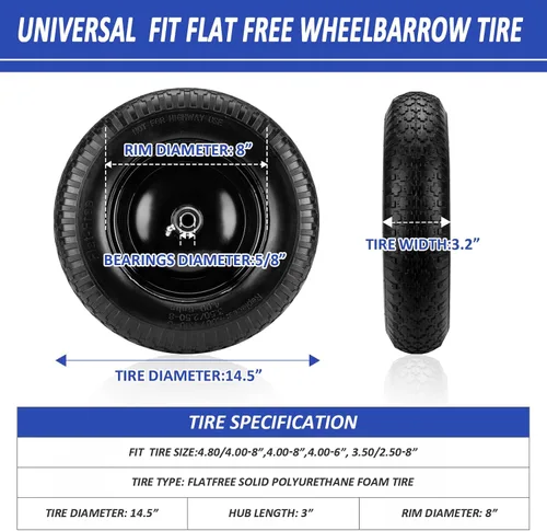 Vista 2 de Neumático y rueda sin pinchazos de 4.80/4.00-8 pulgadas, neumático de carretilla de 14.5 pulgadas, con orificio de eje de 5/8 pulgadas, cubo central
