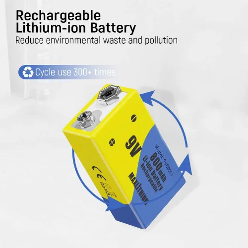 Vista 4 de Baterías recargables de 9 V, batería de iones de litio de 9 voltios, capacidad de 800 mAh, 7200 mWh, paquete de 3 con cargador rápido