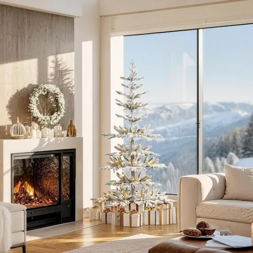 Vista 3 de Glitzhome - Árbol de Navidad artificial delgado preiluminado de 2.4 m, con ramas de pino Aspen Frostfall, soporte plegable de metal, 500 luces Aspen