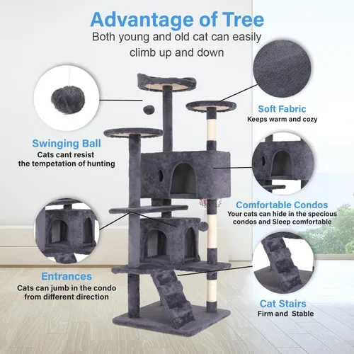 Vista 3 de FDW Torre de árbol para gatos de 54 pulgadas Ceniciento Centro de actividades de interior de varios niveles con postes rascadores de sisal