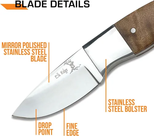 Vista 5 de Elk Ridge 111 Series Outdoors Fixed Blade Knife - 5-in Overall, 440 Stainless Steel Mirror Polished Blade, Burl Wood Handle, Leather Sheath