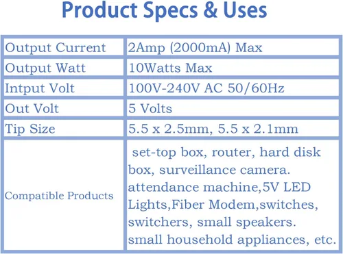 Vista 5 de Adaptador de corriente de 5 V 2 A con cable de alimentación de CC, convertidor de 100-240 V CA a CC 5 V 2 Amp, enchufe de 0.217 x 0.098 in/0.083 in