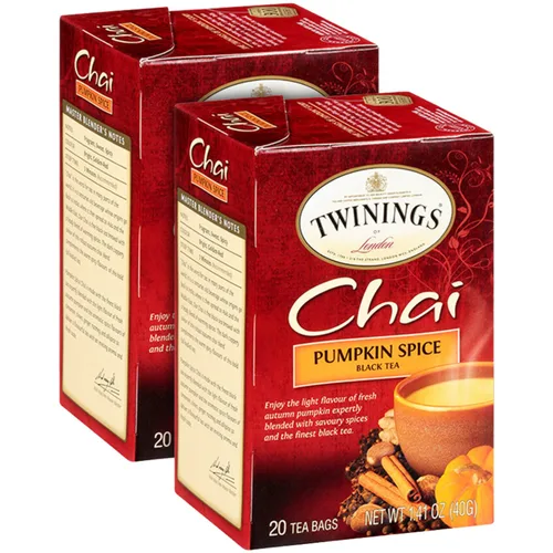 Twinings Té Chai de especias de calabaza, té negro con cafeína saborizado naturalmente con especias aromáticas y jengibre, bolsas de té envueltas