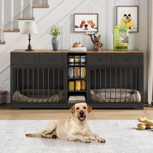 Vista 9 de Muebles de jaula para perros de 47 pulgadas, soporte de TV de jaula para perros grandes con 2 cajones y 4 estantes, perrera de madera