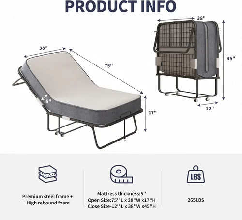 Vista 2 de ijuicy Cama plegable con colchón de 5 pulgadas de grosor, cama plegable de 75 x 38 pulgadas con 4 ruedas bloqueables y marco resistente resistente