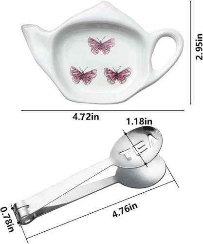 Vista 2 de Juego de 6 posavasos de cerámica blanca para bolsitas de té y exprimidor de bolsas de té de acero inoxidable (estilo 1)
