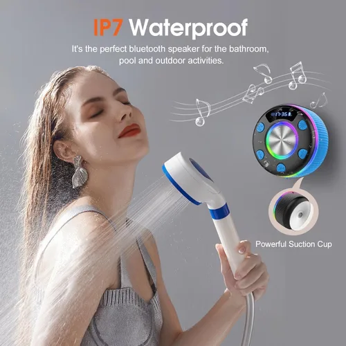 Vista 4 de Bluetooth Shower Speaker, IP7 Waterproof Portable Bluetooth 5.3 Speakers with Suction Cup, Mini Wireless Speaker with RGB Lights Time Display, Loud