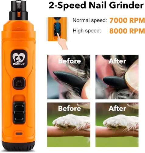 Vista 5 de Casfuy Molinillo de uñas para perros con 2 luces LED - Nueva versión de 2 velocidades, potente recortador de uñas eléctrico para mascotas