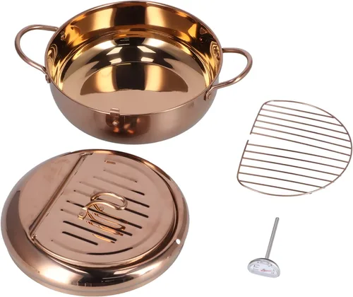 Vista 8 de Olla de freidora de 3.4 L, estilo japonés, mini freidora de acero inoxidable con tapa de termómetro y escurridor de aceite para cocina, papas
