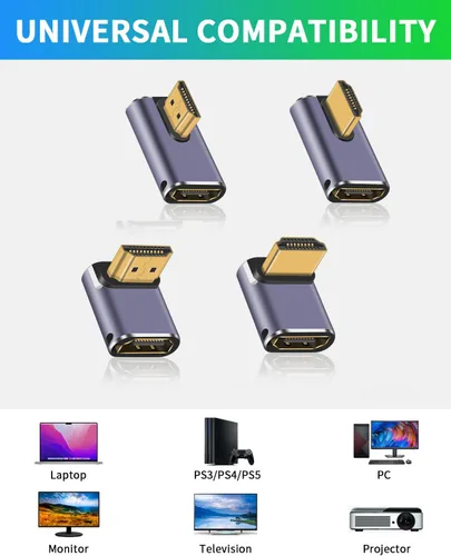 Vista 9 de Duttek Paquete de 4 Adaptadores HDMI 2.1 en Ángulo Recto, Adaptador HDMI de 90 Grados [48Gbps, 8K@60Hz] Ángulo Hacia Arriba y Hacia Abajo, Ángulo