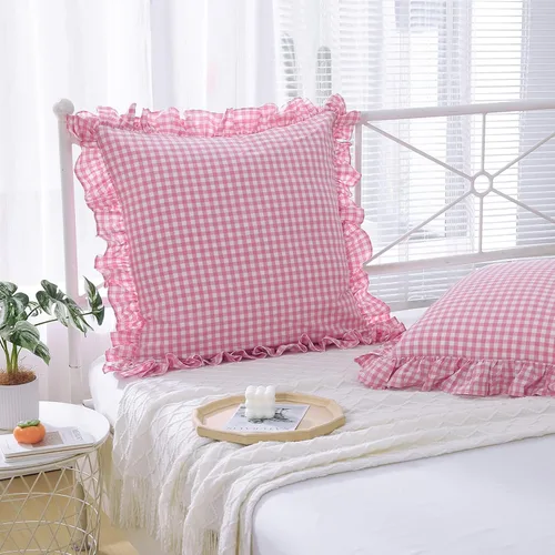Vista 7 de 2 fundas de almohada estilo europeo con volantes a cuadros rosa y blanco tipo gingham, 100% algodón lavado teñido en hilo, estilo rústico