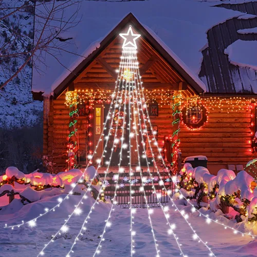 Vista 7 de Guirnalda de luces de Navidad para exteriores, 320 luces LED de 11.5 pies con 8 modos de iluminación para interiores y exteriores, patio, hogar