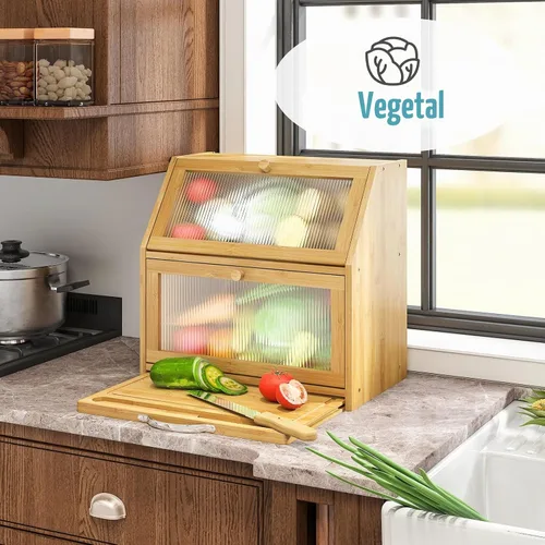 Vista 7 de Panera extragrande con tabla de cortar, panera de madera de bambú para encimera de cocina, contenedor de almacenamiento de pan de gran capacidad
