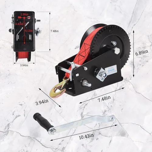 Vista 7 de Cabrestante de mano resistente de 3500 libras de capacidad, cabrestante de mano con correa de poliéster de 33 pies, relación 4:1/8:1, correa