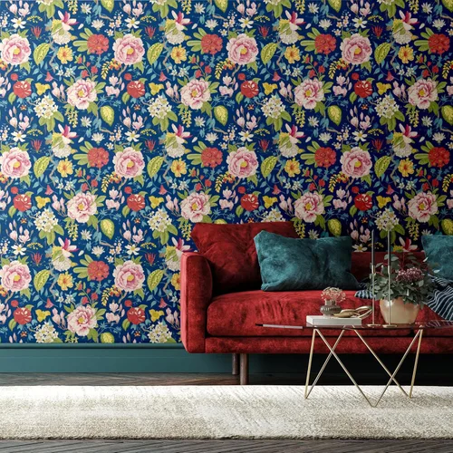 Vista 2 de Blooming Wall DPYB30 - Papel tapiz autoadhesivo, diseño de maganolia retro sobre fondo azul, extraíble, autoadhesivo, 14.5 pies cuadrados/rollo