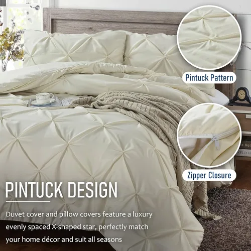 Vista 3 de Tyfitb Juego de funda de edredón plisada, tamaño individual, color beige, de gran tamaño, juego de ropa de cama de 2 piezas con cierre de cremallera