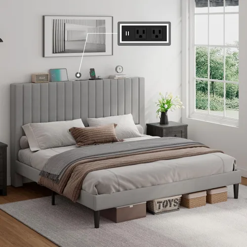 Vista 17 de Base de cama tamaño Queen tapizada en terciopelo con estación de carga, soporte de listones de madera, base de colchón, somier opcional, color blanco
