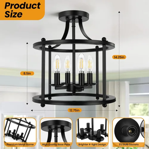 Vista 5 de Lámpara de techo semiempotrada de granja, lámpara de techo industrial de 4 luces con base E12 de metal rústico vintage para cocina, comedor