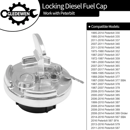Vista 2 de Tapa de combustible de bloqueo, compatible con camiones semi Peterbilt 1972-2017 330 a 587, tapa de tanque de combustible de aluminio estilo palanca