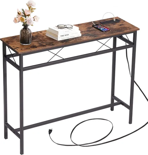 Vista 12 de VECELO Mesa de consola angosta extra larga de 71 pulgadas con estación de carga, toma de corriente y puertos USB, para entrada, sala de estar, Gris