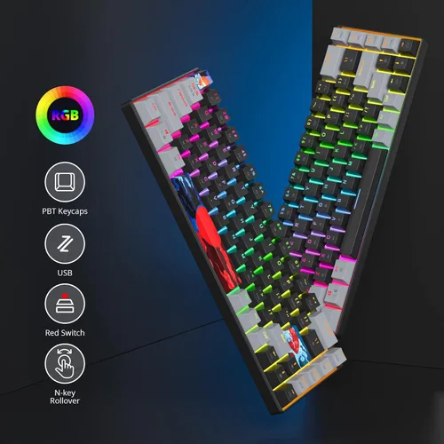 Vista 2 de Teclado mecánico 65% de 68 teclas con cable para juegos con interruptor rojo, efecto de iluminación RGB, teclas PBT, mini teclado ultracompacto
