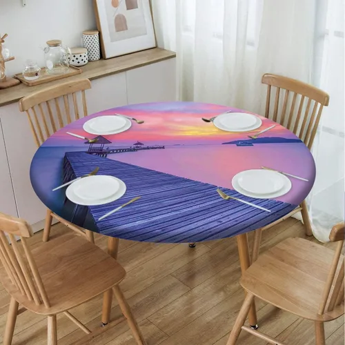 Vista 63 de Cubierta redonda con diseño de playa, borde elástico, picnic al aire libre, patio, fiesta o comedor interior, decoración de mesas de comedor, azul