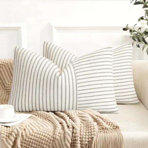 Vista 27 de Fundas de almohada de granja de 12 x 20 pulgadas, 2 fundas de almohada lumbares modernas, decorativas, de lino, con retazos de rayas negras y beige