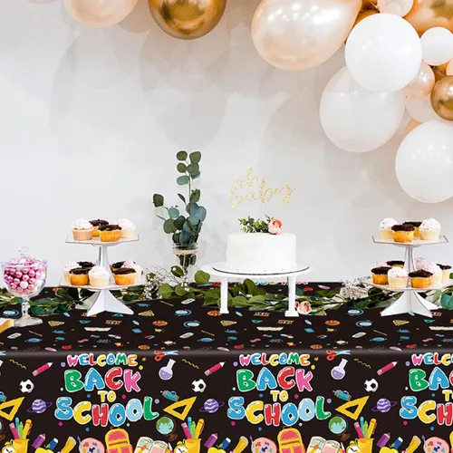 Vista 6 de 2 Pcs Welcome Back to School Tablecloth,54x108 Inch Disposable Plastic Waterproof Table Cover First Day of School Party Decoration(Black)