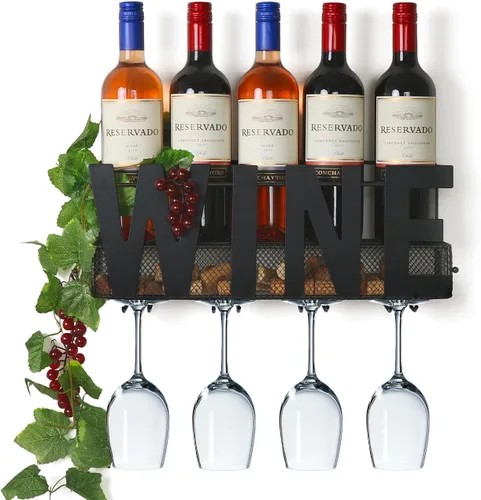 Vista 8 de Soporte de metal para botellas y copas de vino de Soduku, para montar en la pared, con espacio para almacenar corchos