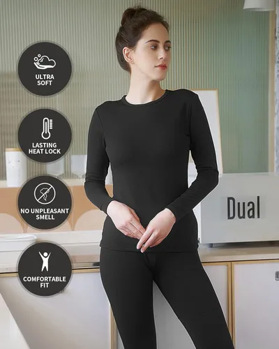 Vista 5 de WEERTI Ropa interior térmica larga de cabeza a pies para mujeres, con forro de vellón, capa base para climas fríos