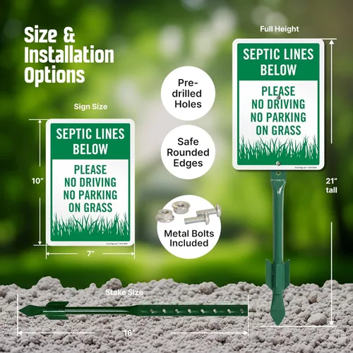 Vista 4 de SmartSign Letrero de patio con texto en inglés "Septic Lines Below - Please No Driving No Parking On Grass" de 10 x 7 pulgadas, kit de estaca de 18