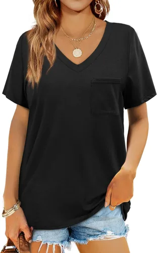 Vista 3 de Geifa Camisetas de manga corta con cuello en V para mujer, camisetas casuales de verano con bolsillo