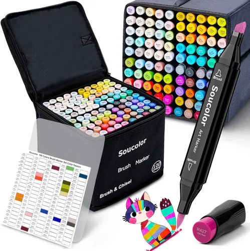 Soucolor Juego de marcadores a base de alcohol, 100 colores, puntas duales, marcadores de pincel de arte, suministros escolares y de oficina para