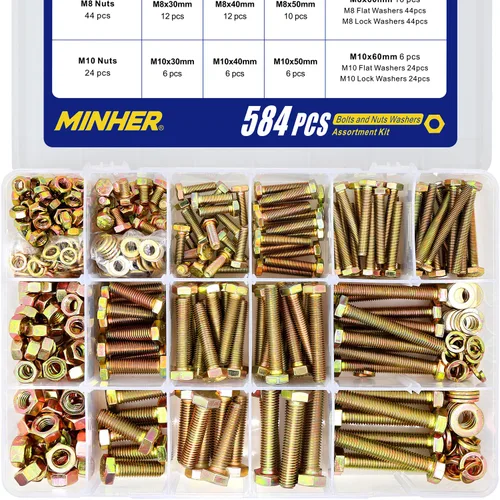 Vista 8 de MINHER Kit surtido de 1640 tornillos y tuercas M4 M5 M6, tornillos hexagonales de acero de aleación de grado 8.8, tuercas y arandelas, incluye 15