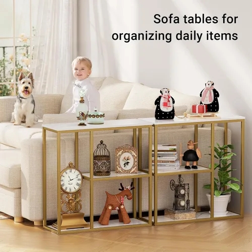 Vista 11 de WOHOMO Mesa consola, mesa de entrada estrecha de 12 pulgadas para sala de estar, 31.5 x 31.5 pulgadas, mesa de sofá industrial negra con estantes