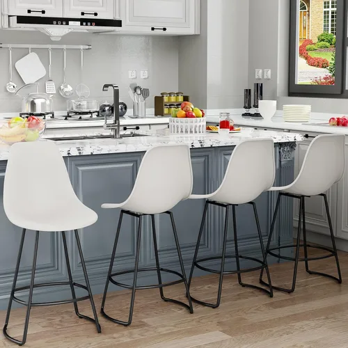 Vista 5 de Aklaus Juego de 4 taburetes de bar giratorios, modernos taburetes de bar de altura de mostrador con respaldo de plástico, acabado de metal blanco
