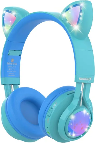 Riwbox Kids Headphones, CT-7S Cat Ear Bluetooth Headphones with LED Light, 85dB Volume Limiting, Over Ear with Microphone for Laptop/PC/TV (Blue &