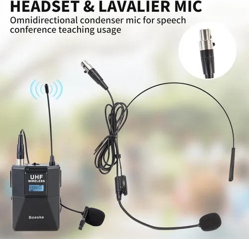 Vista 5 de Sistema de micrófono inalámbrico de 4 canales UHF, 2 micrófonos de mano inalámbricos y 2 micrófonos de diadema Lavalier para karaoke, iglesia