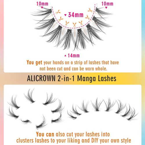 Vista 3 de Pestañas naturales, pestañas delgadas, pestañas asiáticas, aspecto natural, pestañas postizas manga con banda transparente, pestañas de ojo de anime