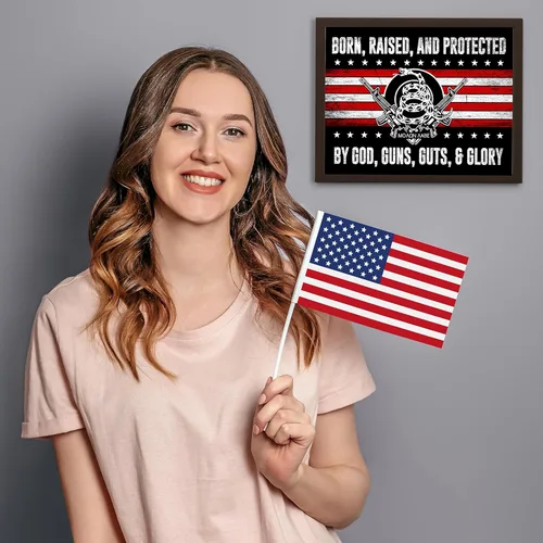 Vista 5 de Born, Raised & Protected By God 2nd Amendment American Flag Patriotic Military Wall Art Print Man Cave Office Garage Home Decor 14x11 Impresión sin
