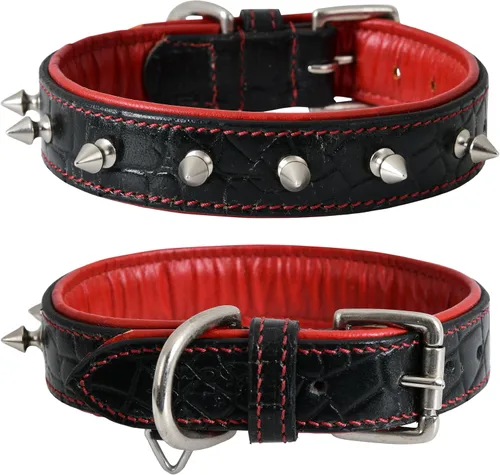 Vista 29 de Collar de perro de cuero con pinchos, cuero bridle de grano completo de 2 pulgadas de ancho, resistente, acolchado y ajustable, para razas grandes